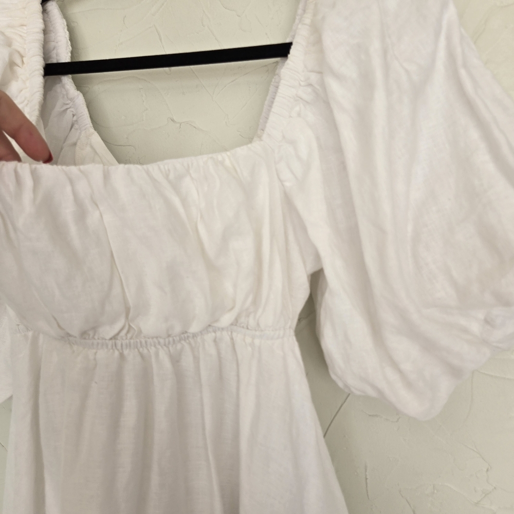 Showpo. Amalie Linen Tie Back Puff Sleeve White Dress, 12 - Picture 7 of 14